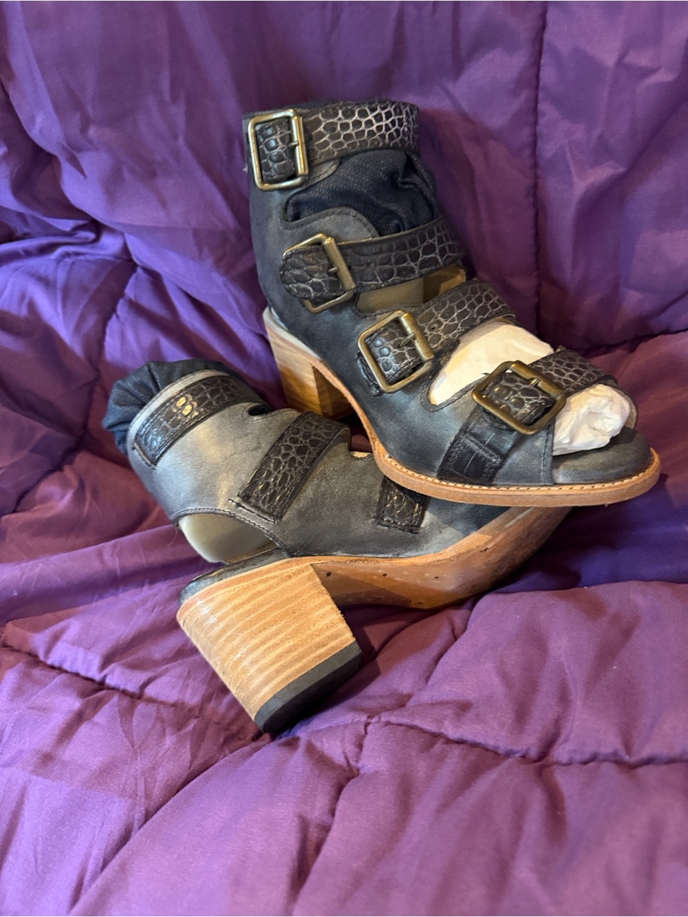 freebird Black Leather Buckle Open-Toe Heeled Boots